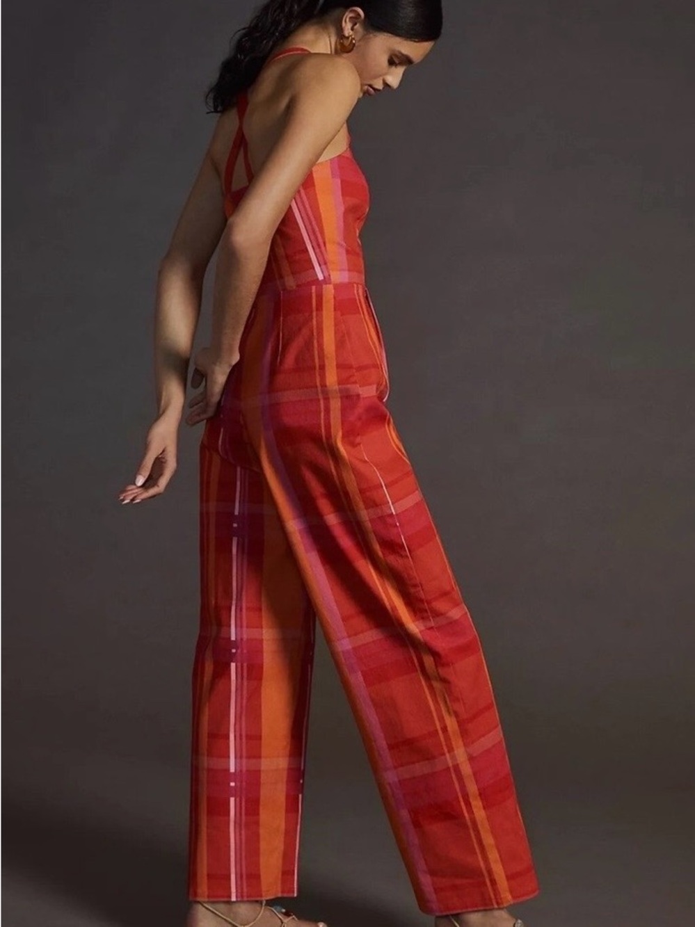 Anthropologie Corey Lynn Calter Orange & Red Plaid Wide-Leg Jumpsuit-NWOT - Picture 4 of 5